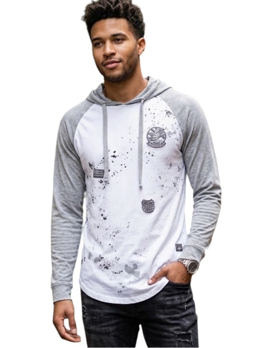 Southpole Men's Hooded Raglan Long Sleeve T-Shirt Splatter Graphic Medium